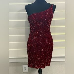 Glamorous One-Shoulder Sequin Dress in Deep Red